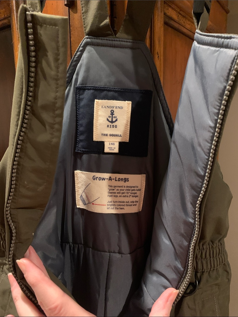 Lands' End Kids Olive Green Puffer Snow Bib with Gray Lining